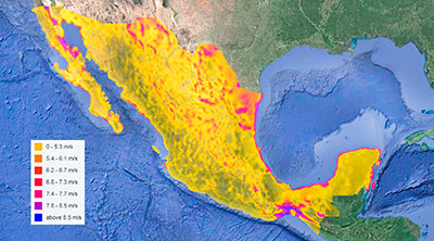 Mapa 2. Regiones de nuestro país con velocidades promedio del viento susceptibles para producir energía. Obsérvese el gran potencial en el istmo de Tehuantepec, en el litoral del Golfo de México y en la península de Baja California. Hoy día solamente se aprovecha una mínima parte del potencial con que cuenta México, y han surgido múltiples problemas sociales y ambientales debido al abuso que se ha hecho en los lugares donde se han instalado los parques eólicos. Fuente: IRENA, 2018.