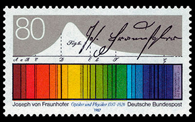 Timbre postal alusivo al 200 aniversario del nacimiento de Fraunhofer (Alemania, 1987).