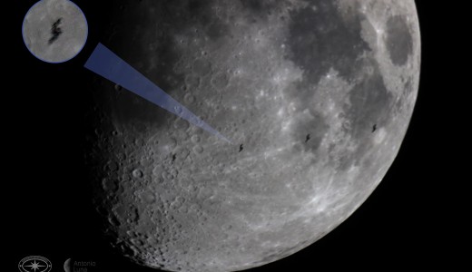 Tránsito de la Estación Espacial Internacional por la Luna. Crédito Juan Luna. Tomada de: https://www.facebook.com/nochedelasestrellasmx/posts/10158168120875900