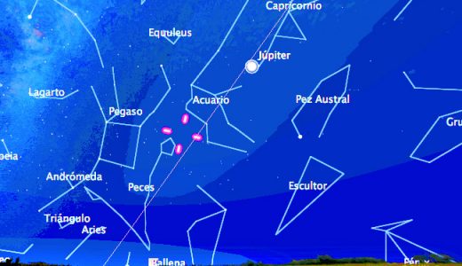 Mapa de localización de Palas (entre las cuatro líneas rojas) para el 11 de septiembre a las 22:30. Obtenido con el programa Stellarium