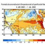 Figura 2b) Situación de las anomalías de temperatura de la superficie del mar (SST, por sus siglas en inglés) del 4 de junio al 1 de julio, 2023. (https://www.cpc.ncep.noaa.gov/products/analy- sis_monitoring/lanina/enso_evolution-status-fcsts-web.pdf)