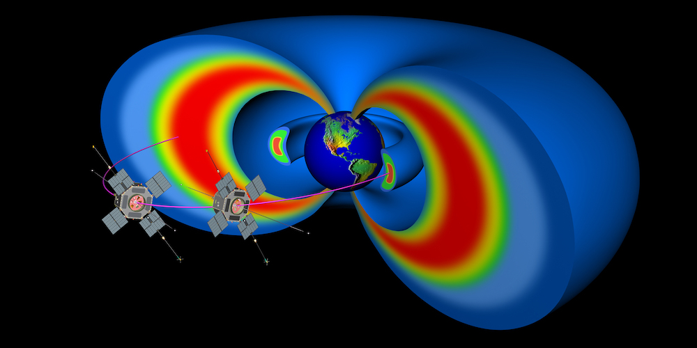 Figura 1. Cinturones de Van Allen o de Radiación y esquematización de las sondas gemelas de la misión espacial “Van Allen Probes”.