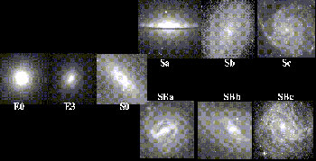 Figura 1. Sistema de clasifi- cación morfológica de gala- xias propuesta por Edwin Hubble en 1936. De lado izquierdo tenemos las elípti- cas, denotas con una “E” y a la derecha las espirales, identificadas con una “S”. Para las lenticulares se utili- za la notación “S0” (crédito de las imágenes, Digitized Sky Survey, Palomar Observatory.)
