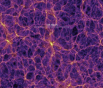 Figura 3. Simulación numérica (la llamada Millenium Simulation) realizada por supercomputadora y que reproduce la evolución del universo a gran escala desde el Big Bang hasta nuestros días, en que observamos esta red cósmica. En la imagen es visible la estructura de filamentos y los cúmulos de galaxias, que están representados por las zonas amarillas más brillantes (crédito de la imagen: the Virgo Consortium, Institute for Computational Cosmology, UK.)