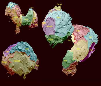 Aunque faltan algunas regiones de hemisferio Sur del cometa por explorarse, su superficie ha sido dividida en 19 regiones que muestran diferentes características. Cortesía: ESA/Rosetta/MPS for OSIRIS Team/ UPD/LAM/IAA/SSO/INTA/UPM/DASP/IDA