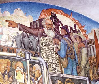 Mural de Diego Rivera, en el Palacio Nacional de la Ciudad de México, mostrando la Historia de México. El detalle muestra a Karl Marx. Imagen tomada de https://commons.wikimedia.org/wiki/File:Murales_Rivera_-_Treppenhaus_7_Marx.jpg