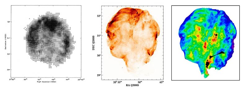 Imágenes en rayos X del remanente de supernova llamado “Cygnus Loop” obtenidas con tres telescopios. Izquierda: imagen obtenida con telescopios colo- cados en cohetes; centro: imagen obtenida por el satélite ROSAT con el instrumento “High Resolution Imager”; derecha: imagen obtenida por ROSAT con el instrumento “Position Sensitive Proportional Counter”. Imagen obtenida de http://imagine.gsfc.nasa.gov/Images/science/cygnus_loop_full.jpg