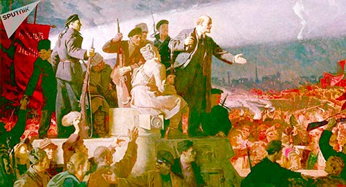La llegada de Lenin a Rusia (1917), de Konstantín Aksiónov; tomada de https://mundo.sputnik- news.com/sociedad/201703131067561707-revoluciones-bolchevismo-rusia/