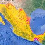 Mapa 2. Regiones de nuestro país con velocidades promedio del viento susceptibles para producir energía. Obsérvese el gran potencial en el istmo de Tehuantepec, en el litoral del Golfo de México y en la península de Baja California. Hoy día solamente se aprovecha una mínima parte del potencial con que cuenta México, y han surgido múltiples problemas sociales y ambientales debido al abuso que se ha hecho en los lugares donde se han instalado los parques eólicos. Fuente: IRENA, 2018.