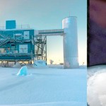 Observatorio de neutrinos IceCube ubicado en el Polo Sur.Representación artística de un blazar emitiendo radiación gamma y neutrinos en dirección a IceCube. Créditos: IceCube/NASA