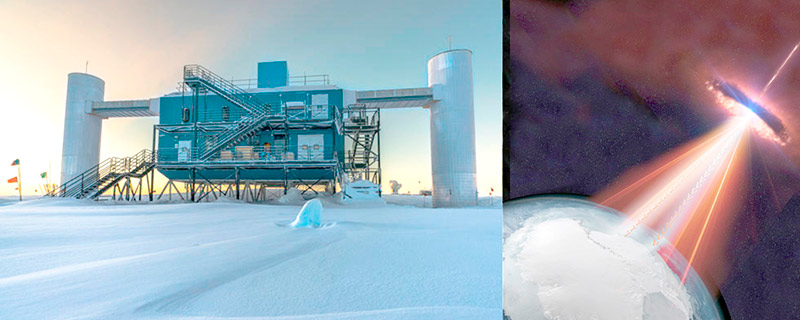 Observatorio de neutrinos IceCube ubicado en el Polo Sur.Representación artística de un blazar emitiendo radiación gamma y neutrinos en dirección a IceCube. Créditos: IceCube/NASA