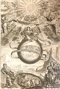 Athanasius Kircher. Musurgia Universalis, Roma, 1650. “Pitágoras señala la forja que le inspiró su teoría. Los herreros martillean el metal en el interior de una oreja, sobre cuya <extra- ña forma anatómica> —con martillo y yunque—, diserta larga- mente Athanasius Kircher. Para el neoplatónico Boecio, teórico de la música (s. V d. C.), la <musica instrumentalis> terrenal es sólo un reflejo de la <musica mundana>, la música de las esferas celestes, representada aquí por la esfera central. Ésta es, a su vez, un eco lejano de la música divina de los nueve coros de ángeles”.