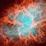 La nebulosa del cangrejo. Remanente de la explosión de una estrella en el año 1054. En su espectro se detecta la presencia de elementos pesados cuyo número atómico está más allá del Fierro.