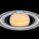 Saturn and its northern auroras (composite image)