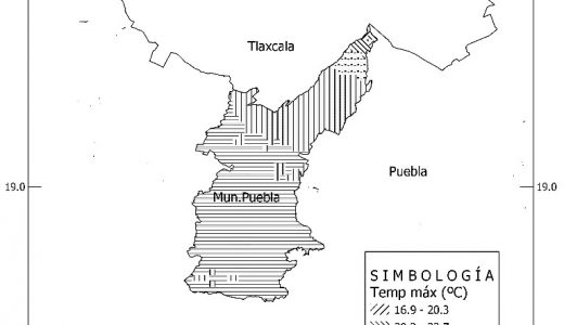 Figura 2. Temperatura máxima proyectada al mes de agosto para el municipio de Puebla, años 2075 – 2099.Modelo inglés (HADGEM2-ES), forzamiento RCP8.5