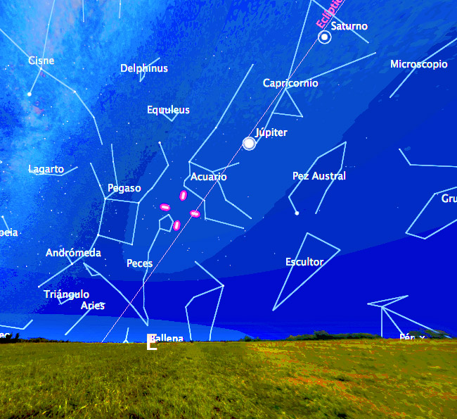 Mapa de localización de Palas (entre las cuatro líneas rojas) para el 11 de septiembre a las 22:30. Obtenido con el programa Stellarium