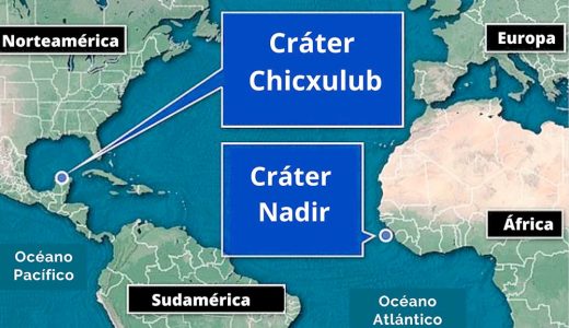 Localización de los cráteres de Chicxulub y Nadir (adaptado de https://www.dailymail.co.uk)