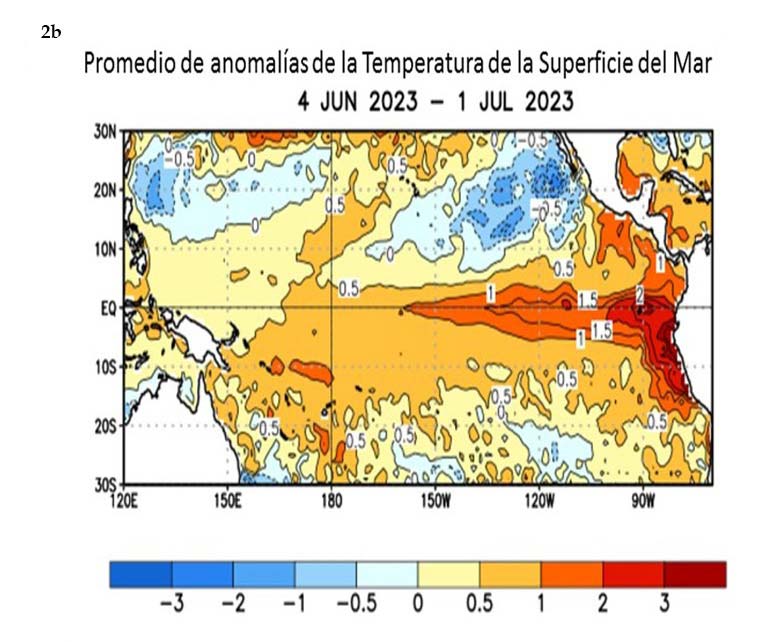 Figura 2b) Situación de las anomalías de temperatura de la superficie del mar (SST, por sus siglas en inglés) del 4 de junio al 1 de julio, 2023. (https://www.cpc.ncep.noaa.gov/products/analy- sis_monitoring/lanina/enso_evolution-status-fcsts-web.pdf)