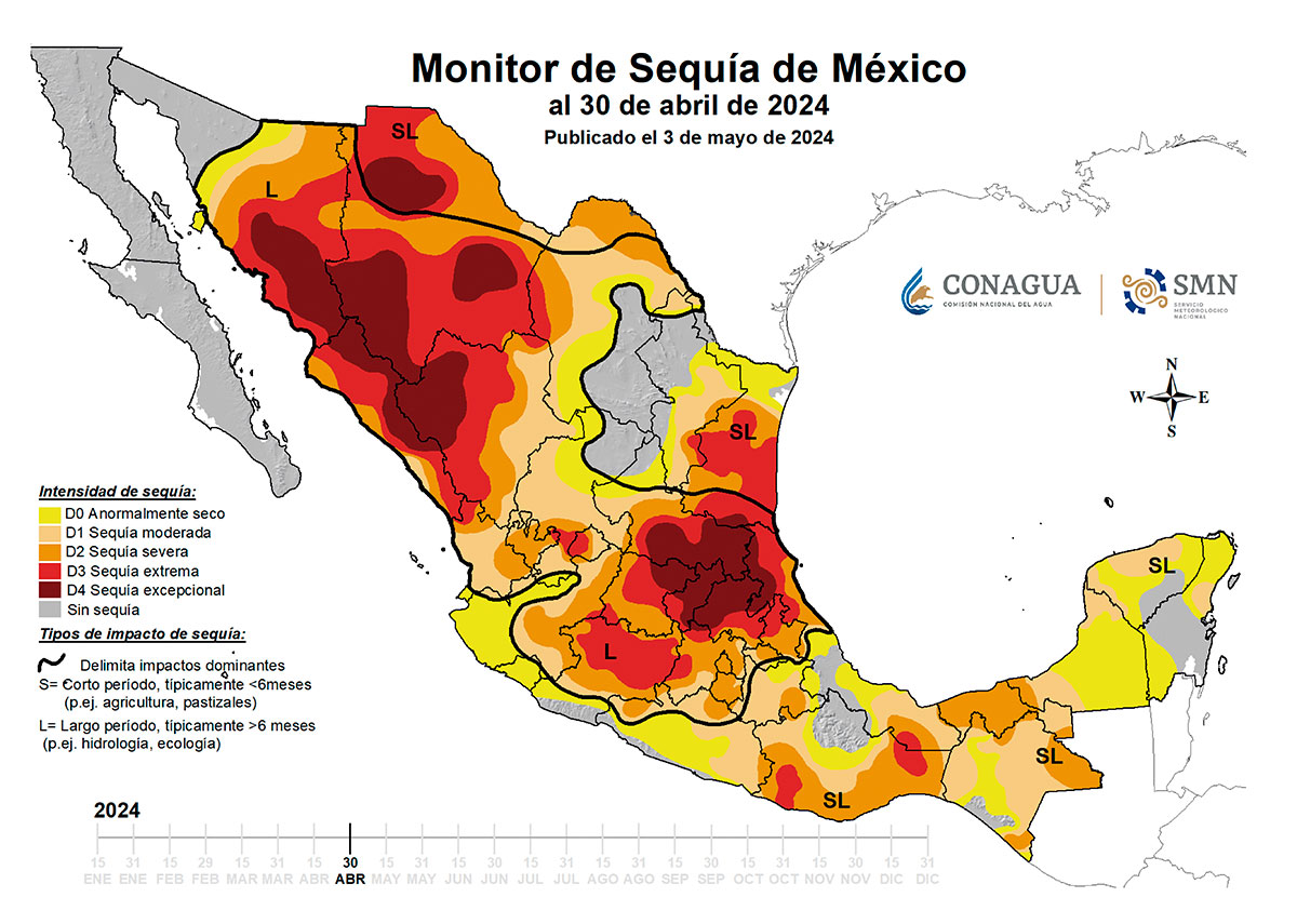  Figura. Monitor de Sequía en México (30/4/24). La sequía es más intensa entre más oscura es la región. La línea negra delimita las áreas donde domina la intensidad. S y L se refieren al periodo de afectación. [https://smn.conagua.gob.mx/es/climatologia/monitor-de-sequia/monitor-de-sequia-en-mexico].