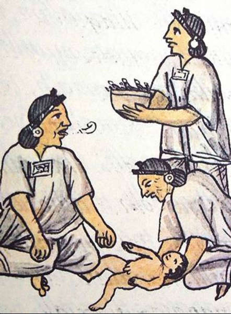 Bienvenida al recién nacido. Códice Florentino, lib. IV, f. 19r. Imagen tomada de https://www.noticonquista.unam.mx/amoxtli/2694/2694